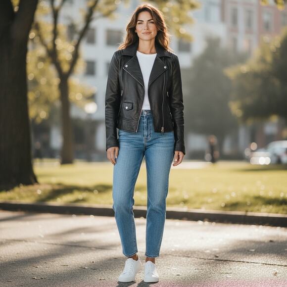 Michael Kors Genuine Leather Black Moto Jacket Biker S/P Small Petite Zipper - Picture 16 of 16